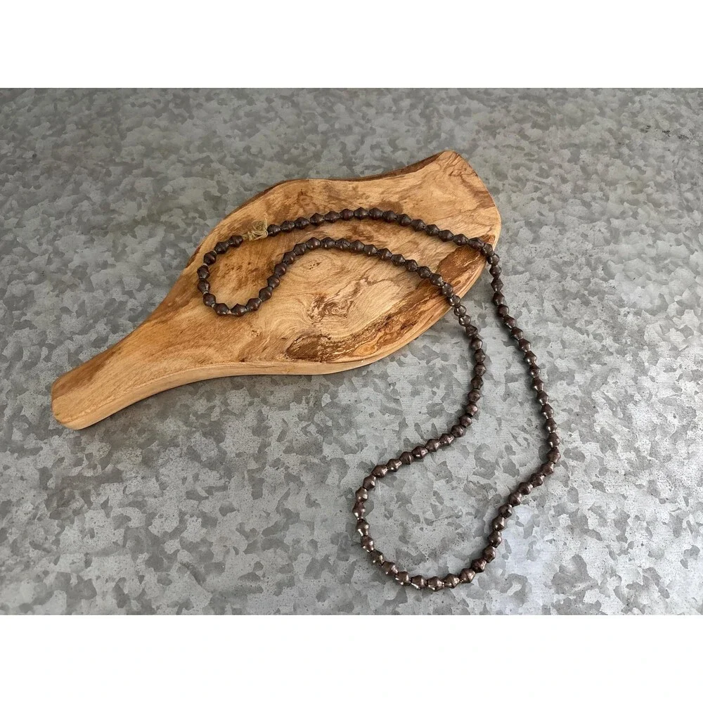 Vintage Hand Strung Metal Beaded Necklace Aged Copper Toned Beads Fiber Cord